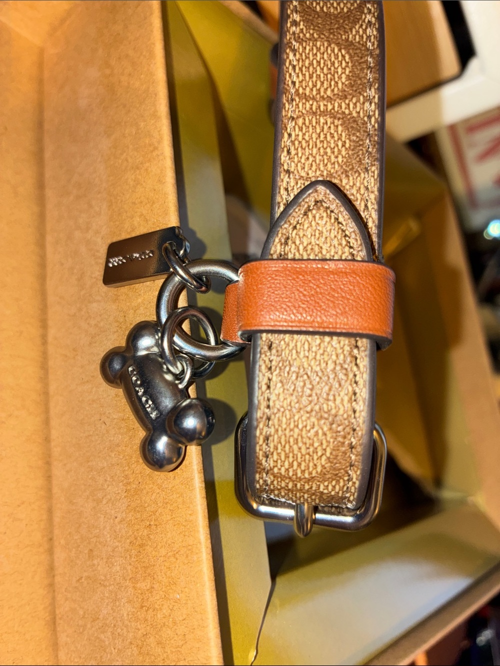 Coach small Brown Signature Canvas & Tan Leather Dog Collar with Charm CH144